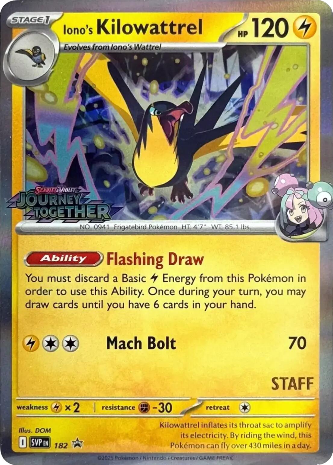 Iono's Kilowattrel (182) (Prerelease Staff) [Scarlet & Violet: Black Star Promos] | Devastation Store