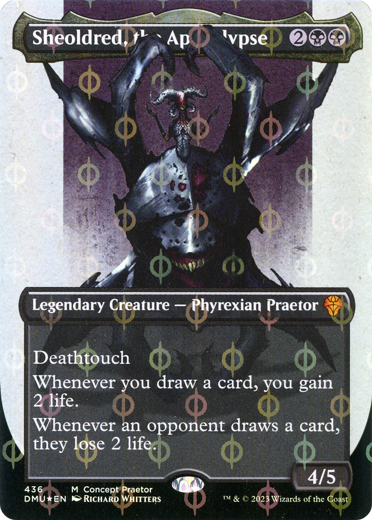 Sheoldred, the Apocalypse (Borderless Concept Praetors Step-and-Compleat Foil) [Phyrexia: All Will Be One] | Devastation Store