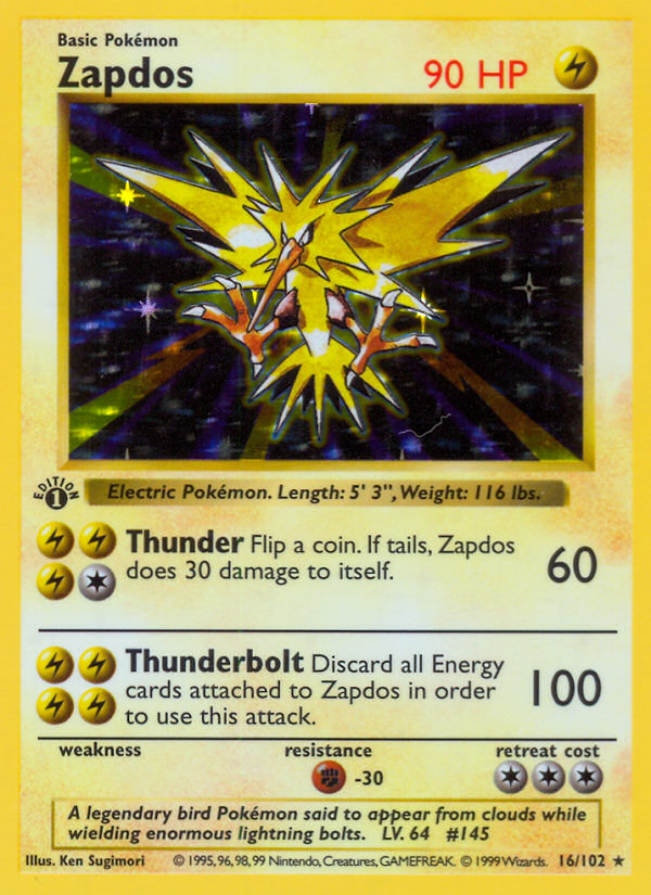 Zapdos (16/102) (Shadowless) [Base Set 1st Edition] | Devastation Store