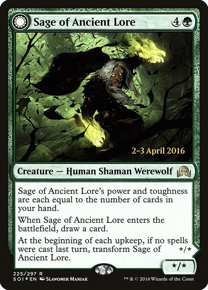 Sage of Ancient Lore // Werewolf of Ancient Hunger [Shadows over Innistrad Prerelease Promos] - Devastation Store | Devastation Store