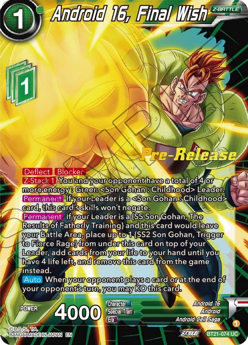 Android 16, Final Wish (BT21-074) [Wild Resurgence Pre-Release Cards] | Devastation Store