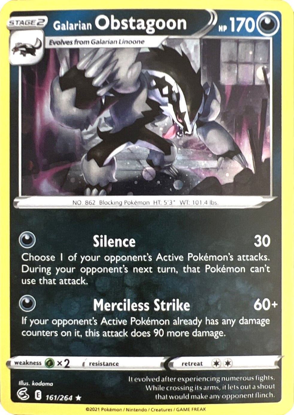 Galarian Obstagoon (161/264) (Cosmos Holo) [Sword & Shield: Fusion Strike] | Devastation Store