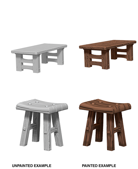 WizKids Deep Cuts Unpainted Miniatures: Wooden Table & Stools - Devastation Store | Devastation Store