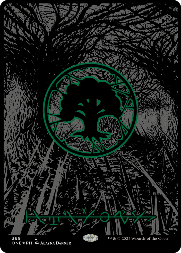 Forest (369) (Oil Slick Raised Foil) [Phyrexia: All Will Be One] | Devastation Store
