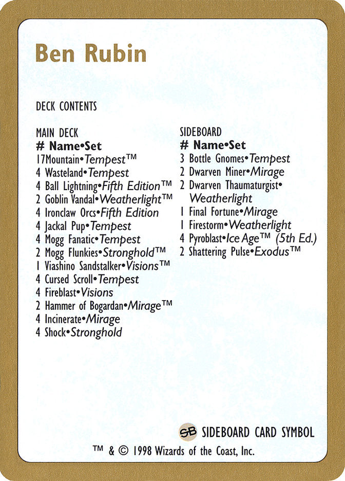 Ben Rubin Decklist [World Championship Decks 1998] | Devastation Store