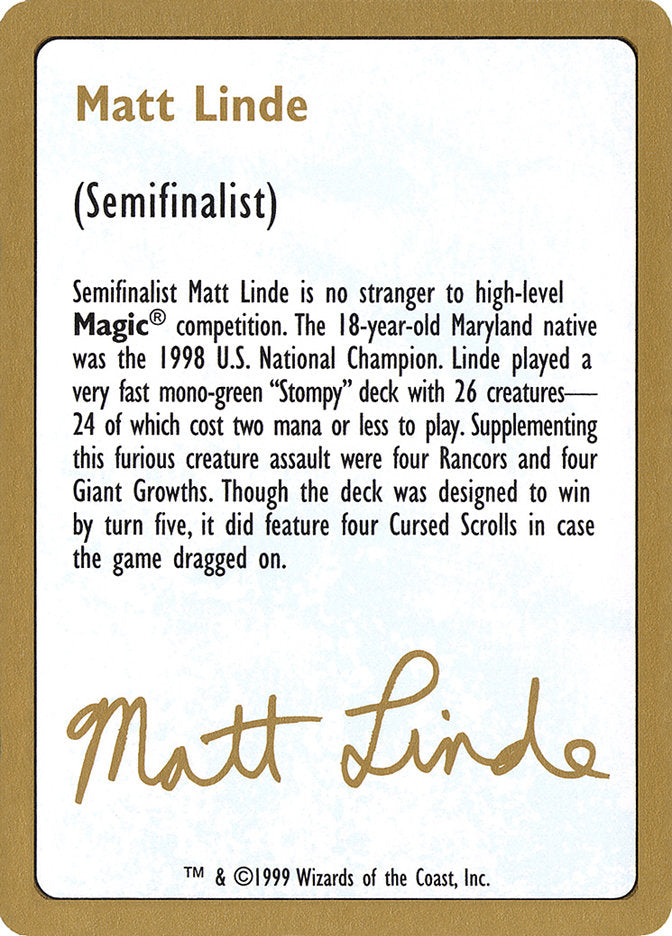 Matt Linde Bio [World Championship Decks 1999] | Devastation Store