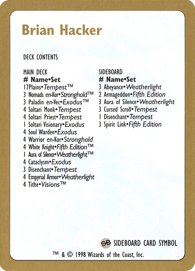 Brian Hacker Decklist [World Championship Decks 1998] | Devastation Store