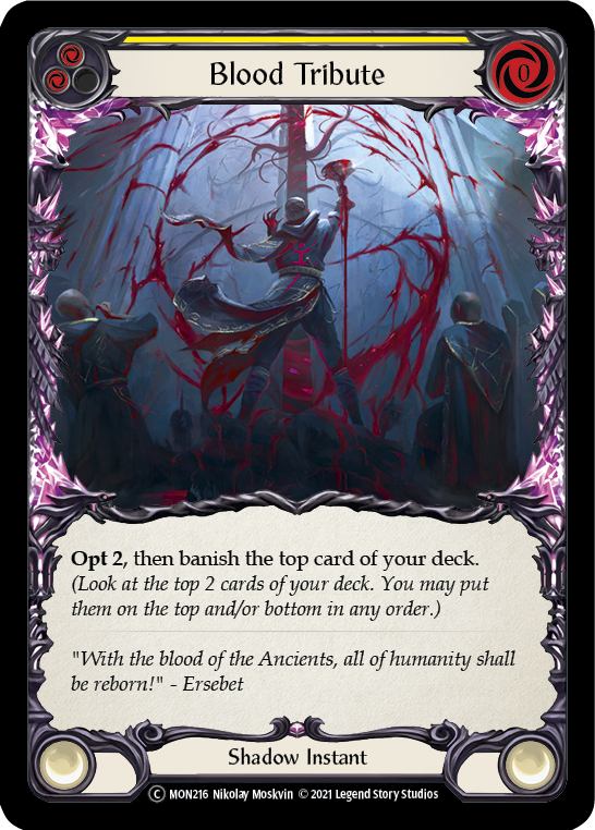 Blood Tribute (Yellow) (Rainbow Foil) [U-MON216-RF] Unlimited Edition Rainbow Foil | Devastation Store